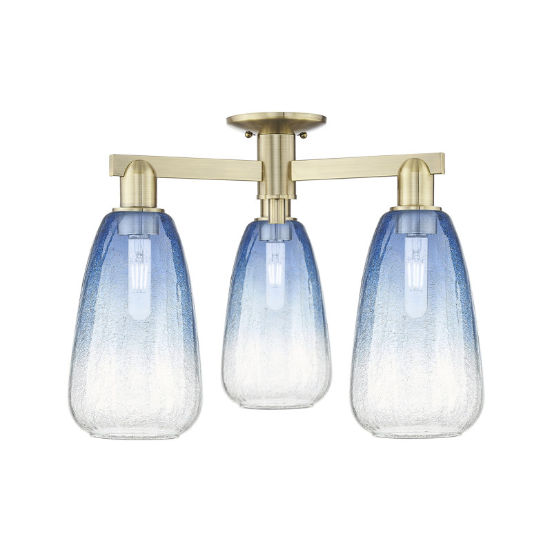 Plafonnier semi-encastré 3 lumières Jacquette, Bleu saphir, Laiton antique
