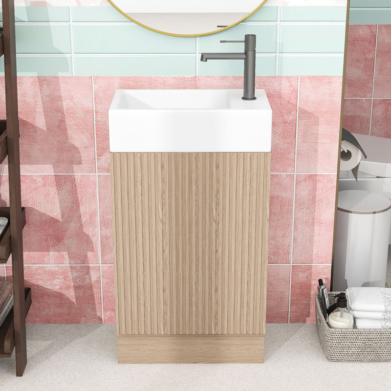 Meuble-lavabo en bois et tablette en céramique, Naturel