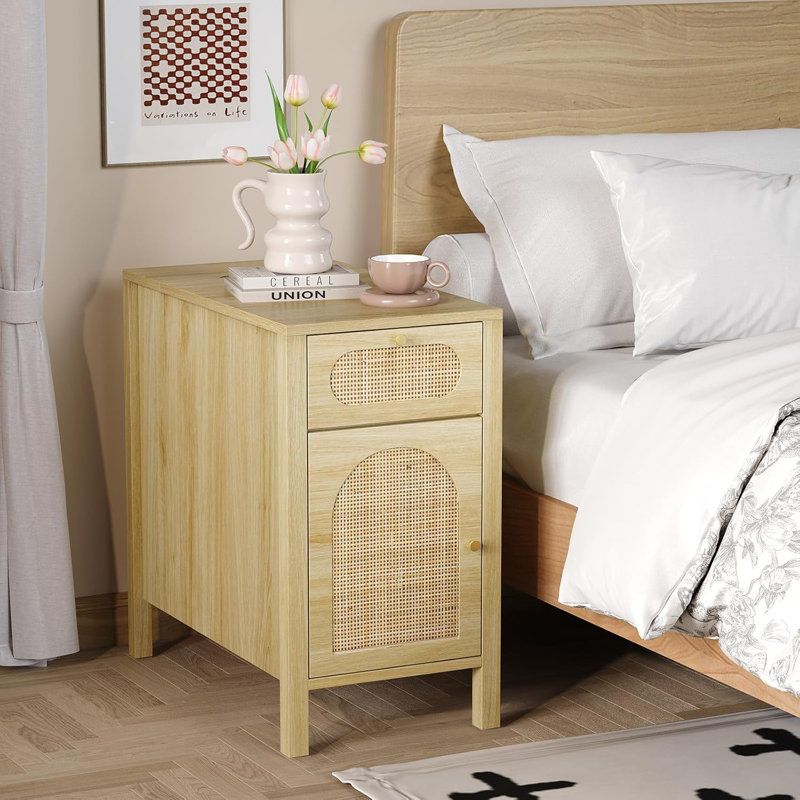 Oak Wood Rattan Side Table With Drawer, Cabinet And Power Outlet