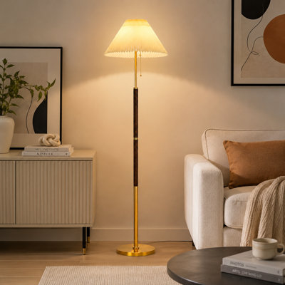 Lampe sur pied moderne de 152 cm pour salon et chambre, lampadaire haut en bois et laiton avec abat-jour en tissu plissé, lampe de lecture DEL avec chaînette, lampadaire d'angle confortable pour bureau