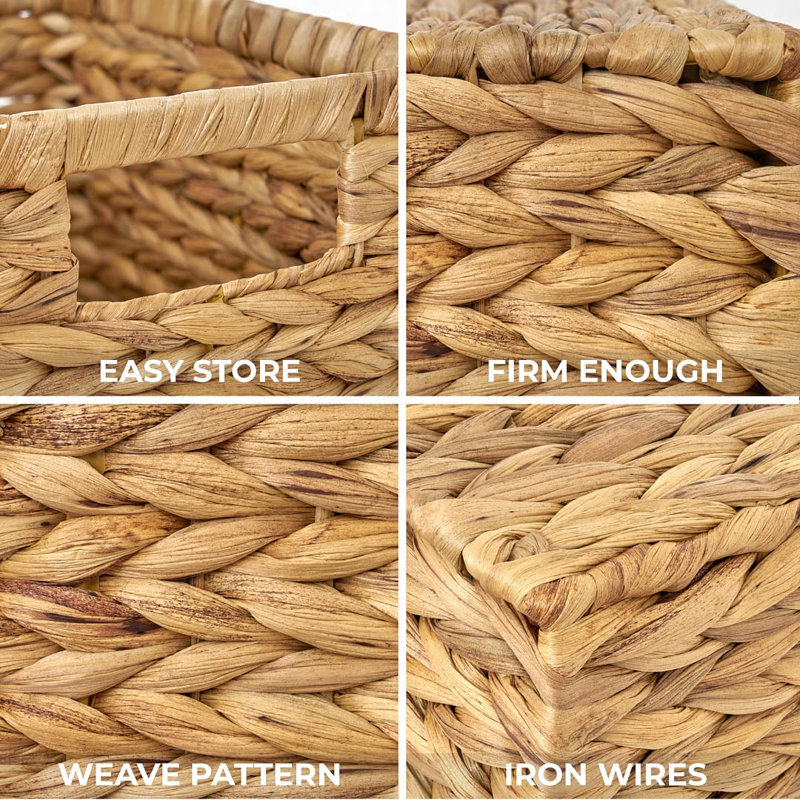 Set Of 6 Natural Water Hyacinth Woven Storage Baskets 12.6” X 8” X 7”, Rectangular Wicker Basket With Built-In Handles, Medium (Natural - Set Of 6)