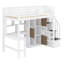 Lit mezzanine en bois avec bureau intégré, DEL, tablettes de rangement, armoires et escalier-114210570