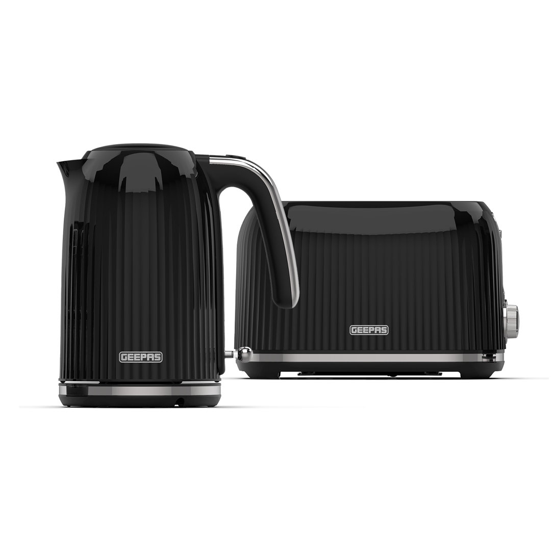 GEEPAS Fluted 1.7L Kettle & 2 Slice Toaster Kitchen Combo Set | 3000W Rapid Boil Cordless Kettle Auto Shut-Off | 1750W Toastie Machine 6 Browning Leve