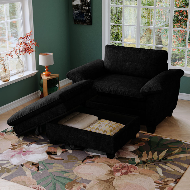 Méridienne de 51 po avec chenille noire et rangement pour une chambre à coucher confortable, Noir