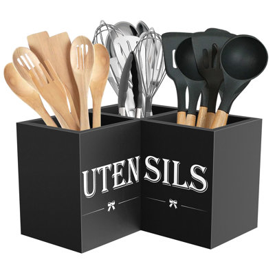 Extra Large Kitchen Utensils Holder With 3 Compartments,Corner Utensil Caddy For Countertop,Wooden Utensil Organizer For Kitchen Countertop, Farmhouse Decor- Black
