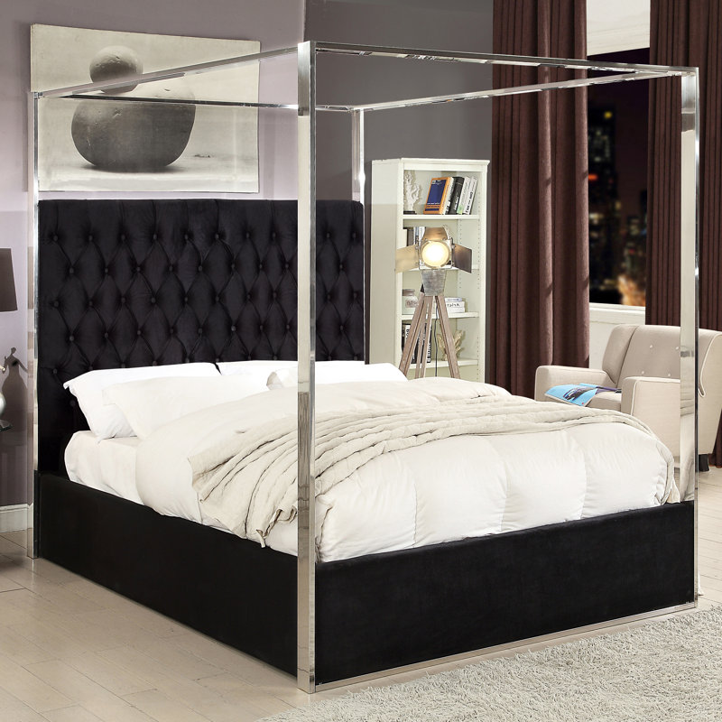 Porter Tufted Upholstered Canopy Bed, King, Black Velvet
