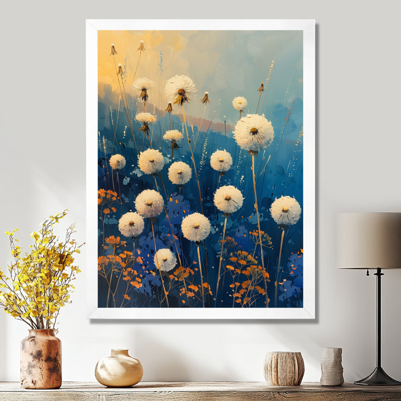 «White Blue Summer Garden Party Dandelion - Pissenlit», reproduction d'art mural, H 20 po x l 12 po x P 1 po