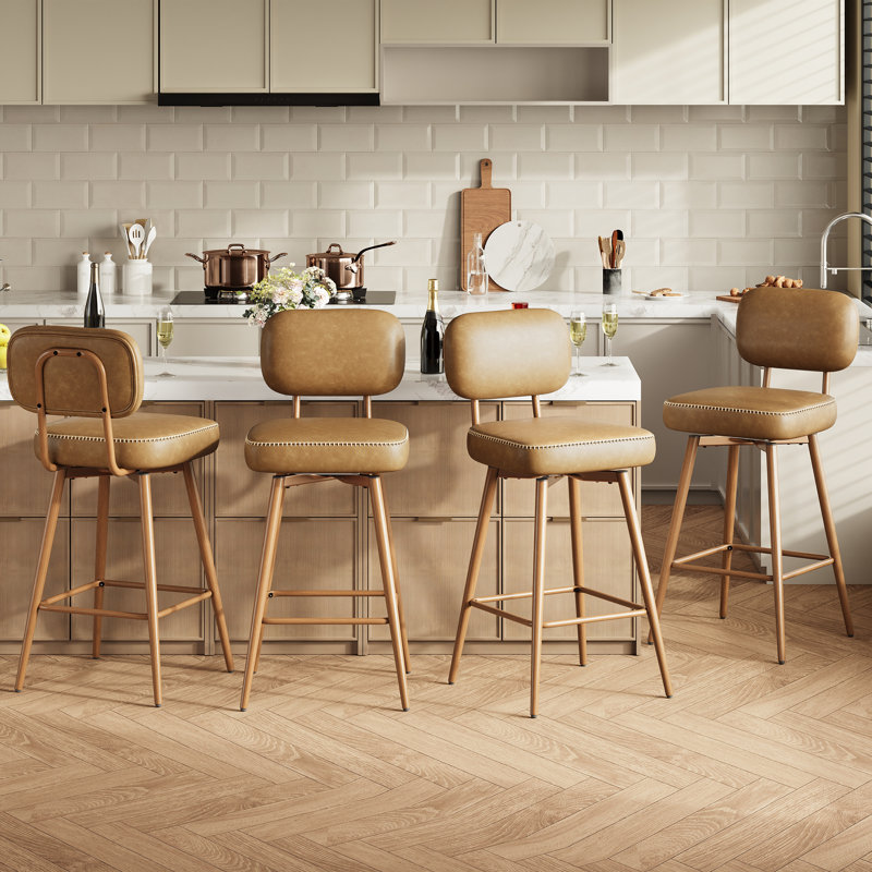 Modern Swivel Upholstered Counter Stools with Metal Frame, Brown