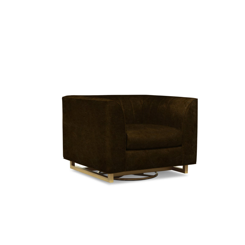 Fauteuil pivotant en cuir véritable touffeté de 41 po de large Remy, Laiton satiné, Truffe (cartier)