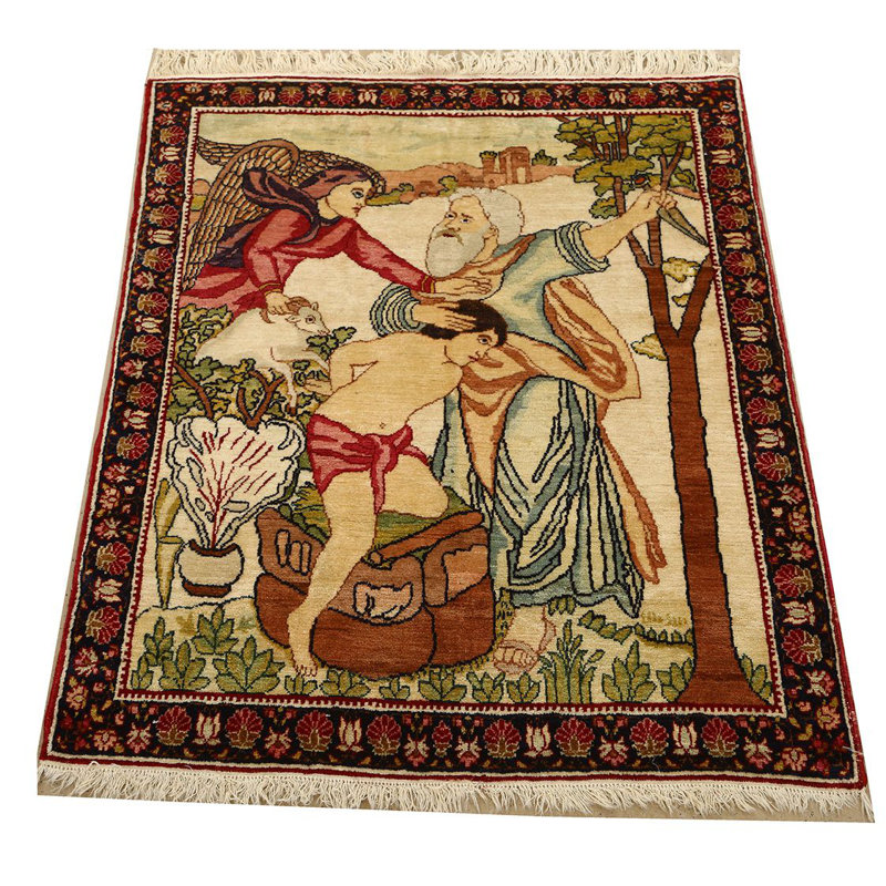 Paire de tapis biblique persan antique vert / ivoire Kerman