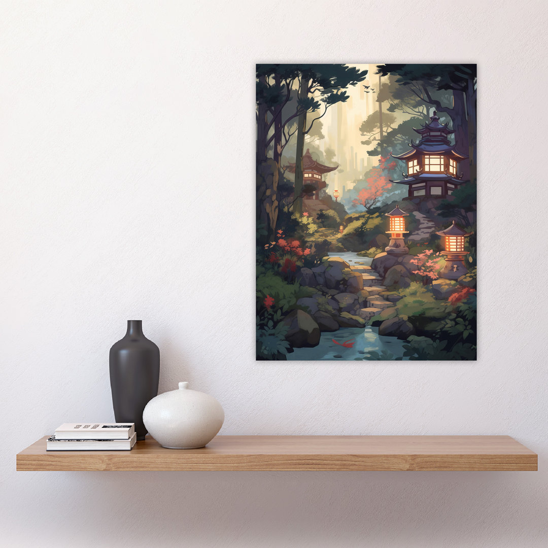 Wall Art Print Traditional Japan Garden Painting Stone Lanterns and Towers by Lake Spring Landscape Poster