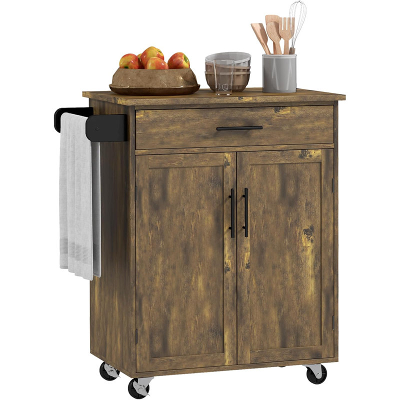 Îlot de cuisine avec chariot, tiroir, armoire de rangement et porte-serviettes, Brun