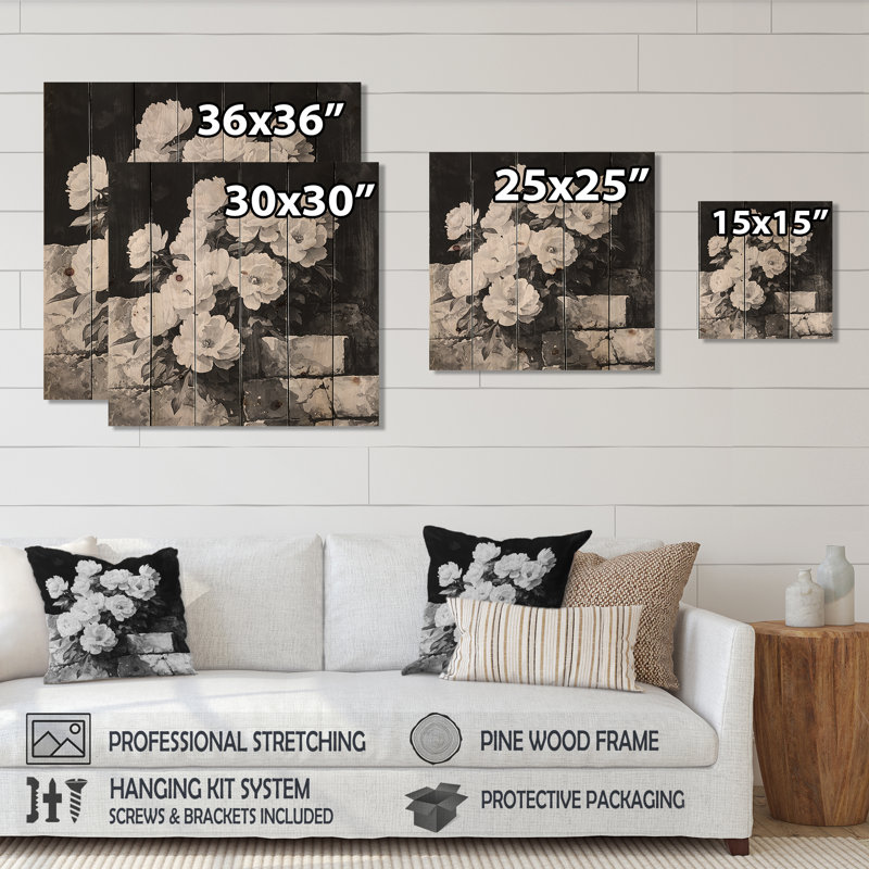 Monochrome Peonies On The Rock II - Peonies Wood Wall Art - On Natural Pine Wood, 15" H x 15" W x 0.78" D