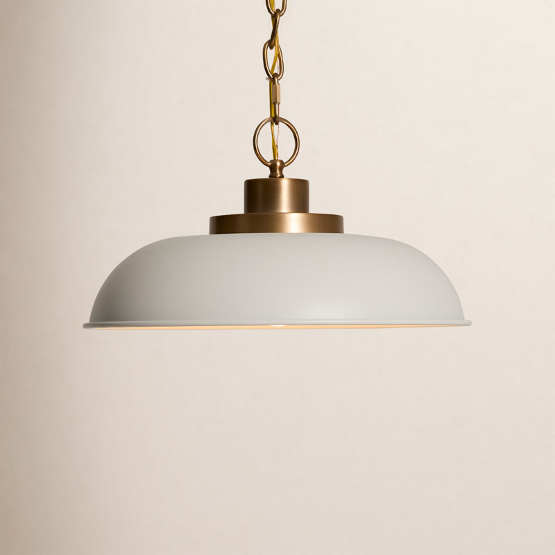 Eddy 1-Light Dimmable Steel Dome Pendant, 8" H x 15" W x 15" D, Matte White/Burnished Brass