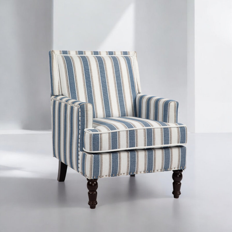 Upholstered Vintage Blue White And Brown Striped Recessed Arm Accent Armchair
