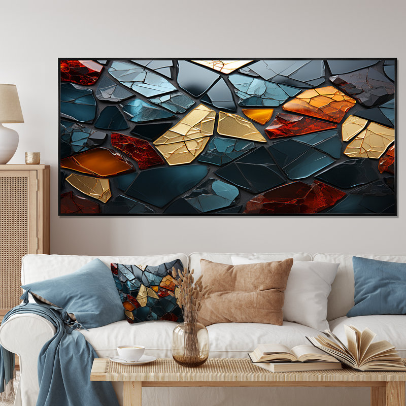 Cubic Mosaic Marble Tiles V - Décoration murale en marbre, Cadre flottant noir, H 28 po x l 60 po x P 1,5 po