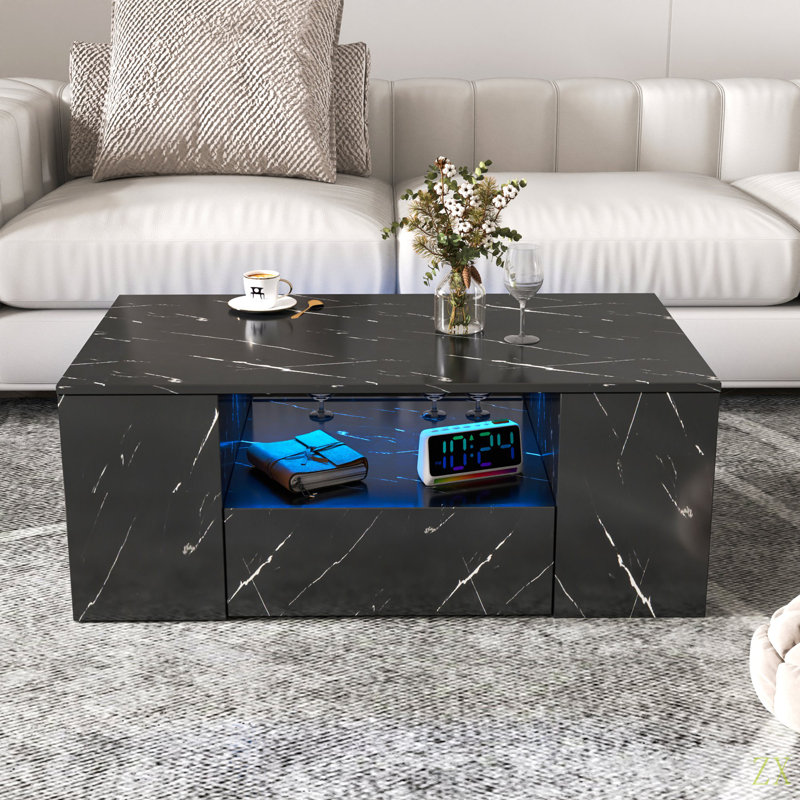 Table basse haute DEL 14,57 po, tables basses modernes pour le salon, table basse avec rangement, petite table basse, table centrale en bois avec 2 tiroirs et tablette latérale ouverte