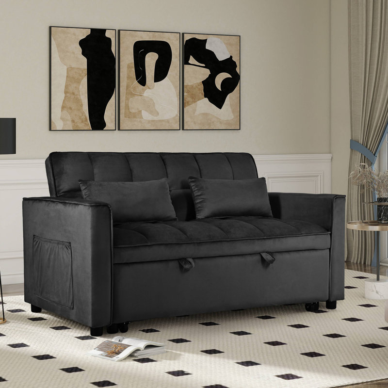 3-In-1 Convertible Sleeper Sofa Bed With Adjustable Backrest,Modern Velvet Pull Out Sofa Bed With 2  Arm Side Pocket And Pillows