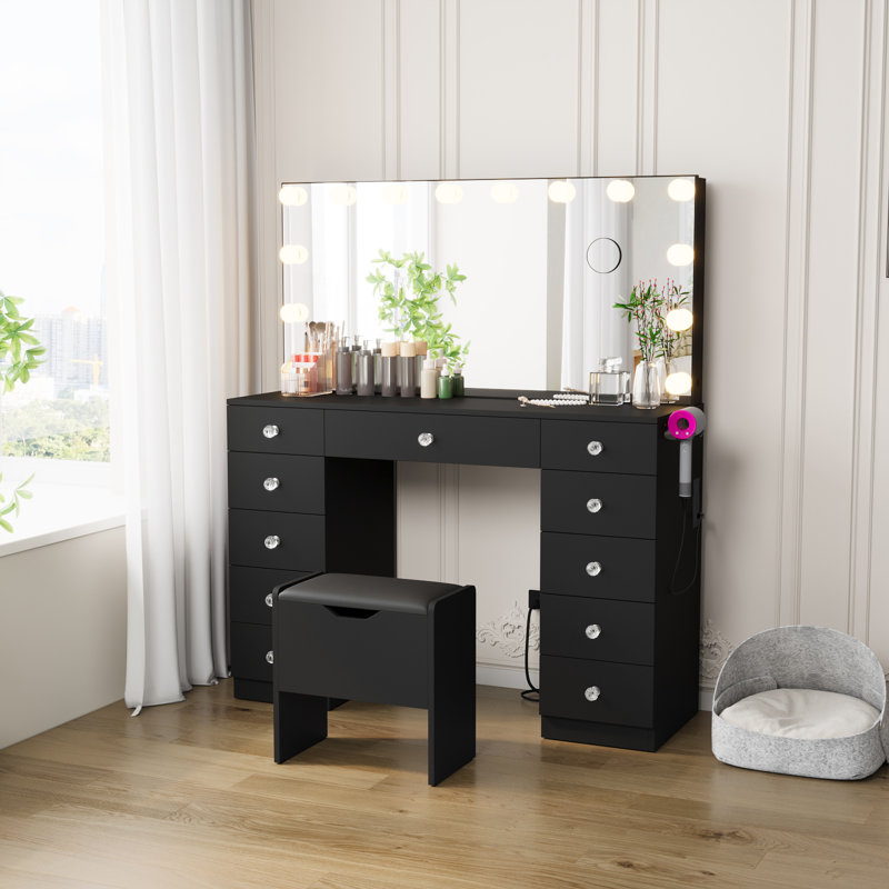 Coiffeuse avec 11 tiroirs et tabouret de rangement Greyden, Noir