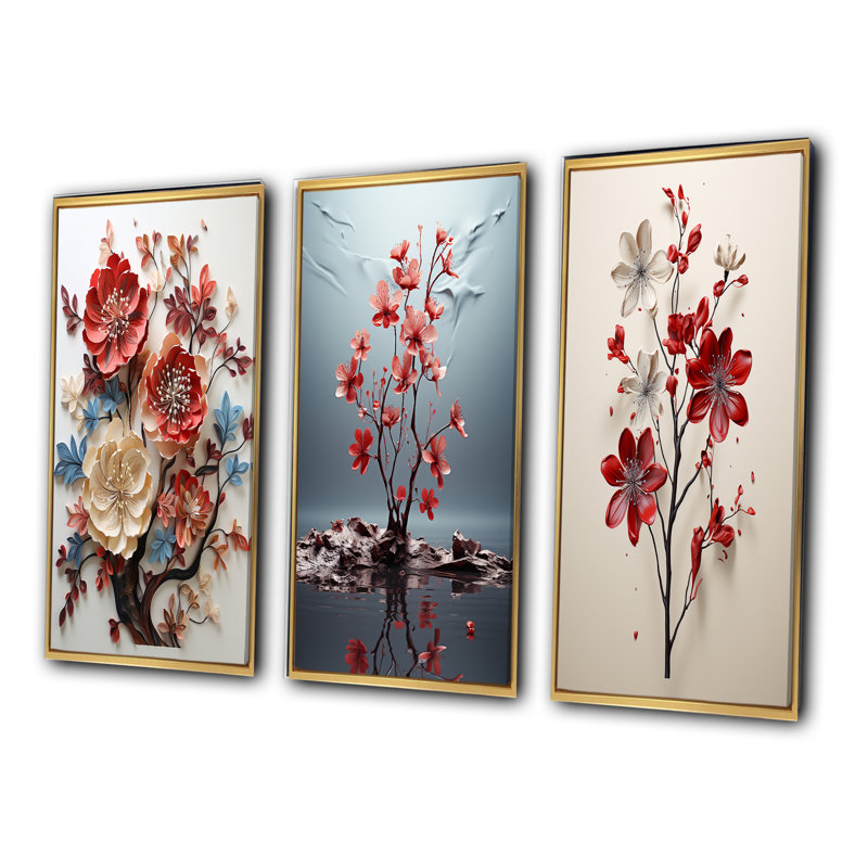 «Red Blue Minimalisme Essence Of Nature», 3 pièces sur toile, Cadre flottant doré, H 28 po x l 36 po