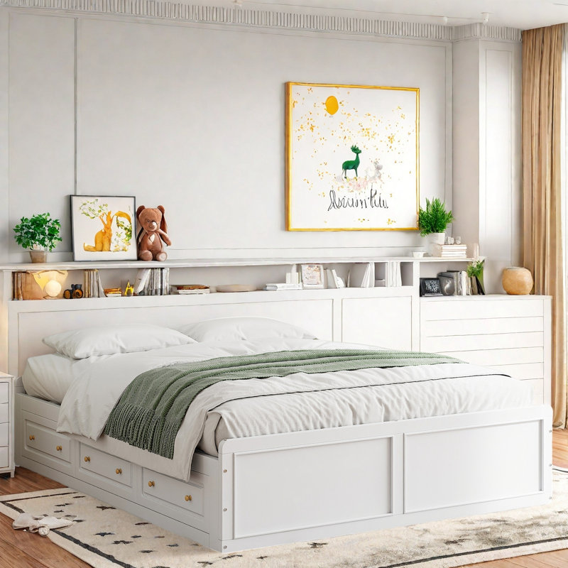 Lit plateforme en bois avec 6 tiroirs, sans tête de lit, Blanc