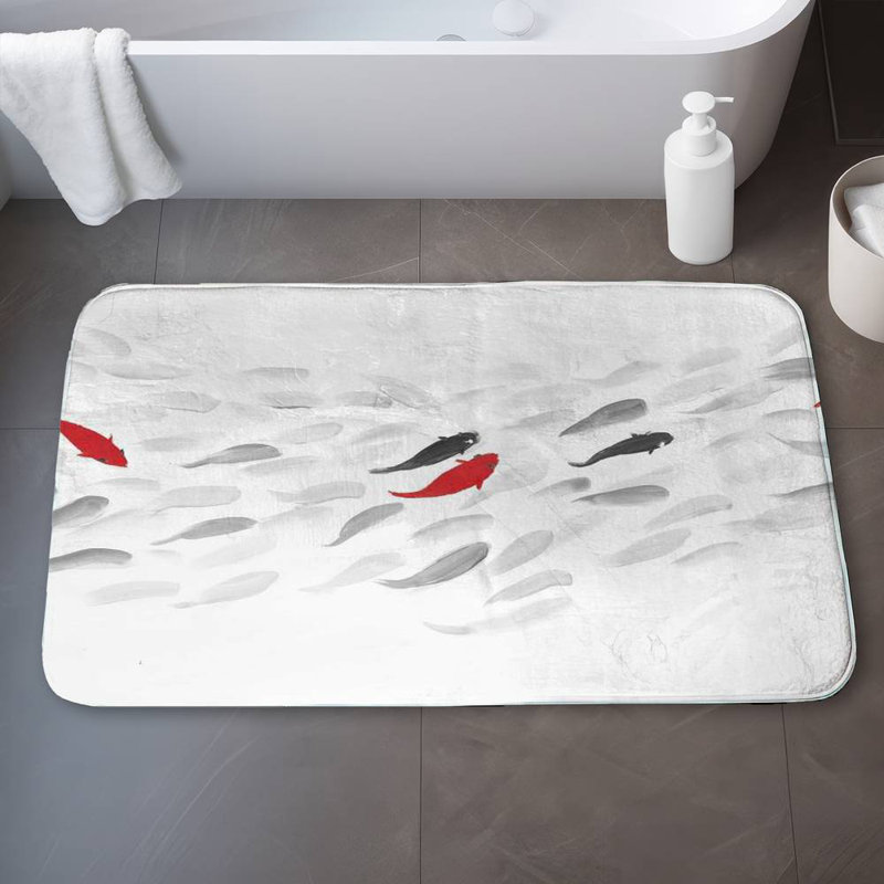 Swimming fish wave Bath Mat with Non-Slip Backing - Quick Dry Memory Foam Bathroom Rug - Absorbent - Modern Plush Spa-Style - Machine Washable