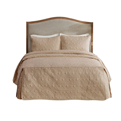 3 Piece Bedspread In Khaki For King - Pleated Split Corners, Fill, Classic Bedding With Pleats, Microfiber Fabric, Filling, Long-lasting Performance