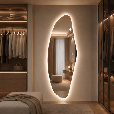 Miroir pleine longueur 65 po x 24 po à DEL de forme irrégulière sans cadre à DEL, miroir rétroéclairé 3 couleurs à intensité variable pour chambre à coucher, vestiaire, entrée