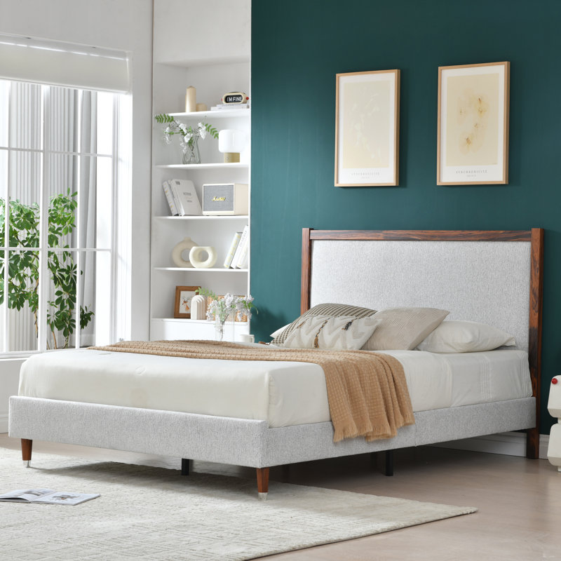 Lit plateforme en bois avec base rembourrée, Light Grey, Double