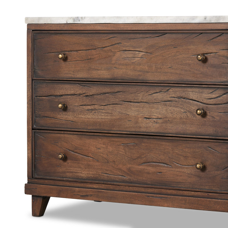 Elson Dark Brown Mango Wood 3 Drawer Nightstand with Marble Top
