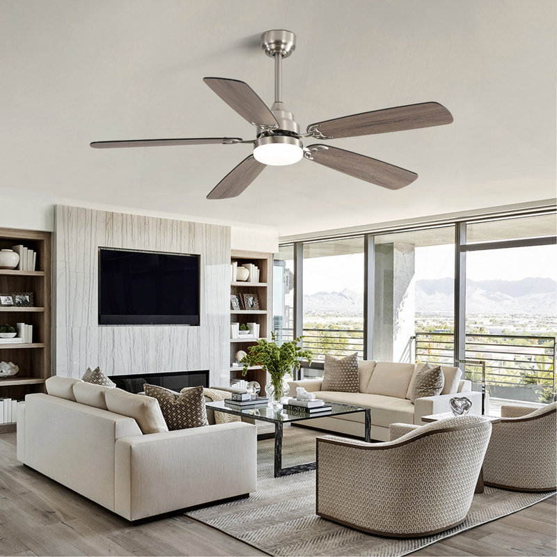 Modern 52 Inch Led Ceiling Fan With 110V 6 Speed Wind 5 Blades Remote Control Reversible DC Motor With Light, Nickel