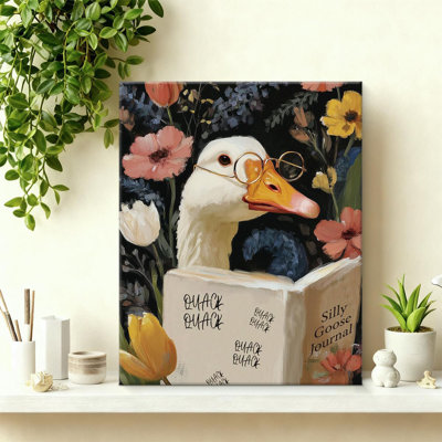 Funny Goose Canvas Wall Art, Whimsical Animal Reading Print Artwork, Silly Goose Journal And Flower Wall Art Decor For Bedroom Living Room 8X10 Inches