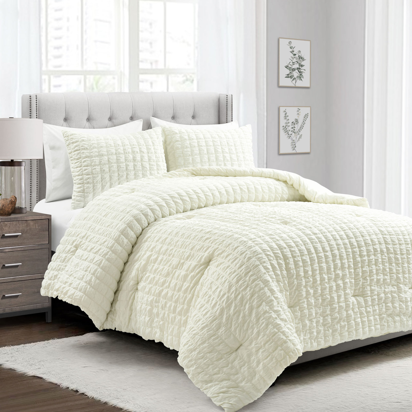 Crinkle 3 Piece All Season Crinkle Textured Dobby Comforter Set, Full, Ivory