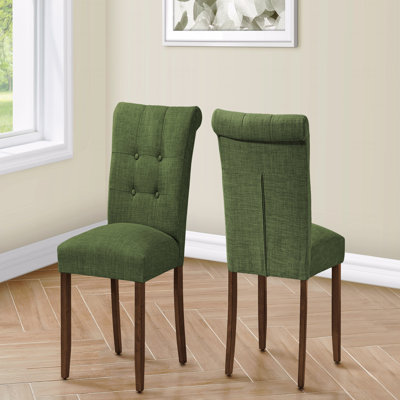 Chaise d'appoint de salle à manger - hauteur 38 po, ensemble de 2, rembourrée, salle à manger, côté, cuisine, tissu vert rembourré, pieds en bois au fini noyer, style moderne