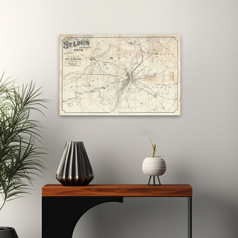 Carte rétro de St Louis - 1870 Missouri noir vieilli, H 24 po x l 16 po