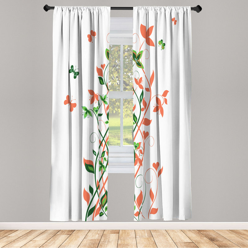 Microfiber Floral Semi-Sheer Rod Pocket Curtain Panels, 28" W x 95" L, Orange/Dark Green/White