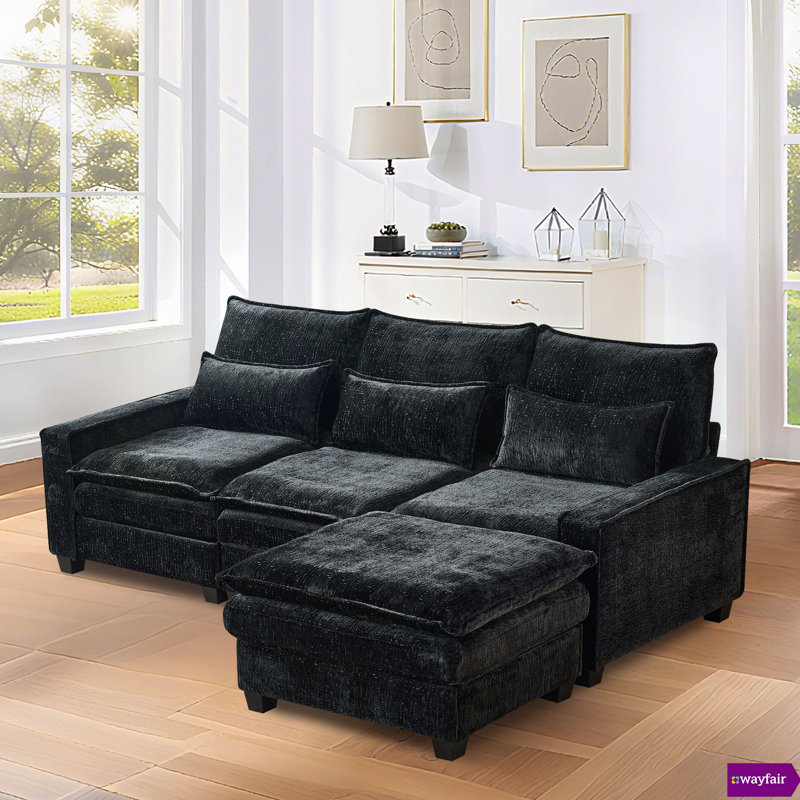 Bodhild Modular Chenille Sectional, with USB Port,Coffee Table And Center Console., Black Chenille