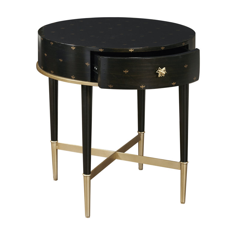 Gold and Black Round Wood Metal Accent Table with Storage