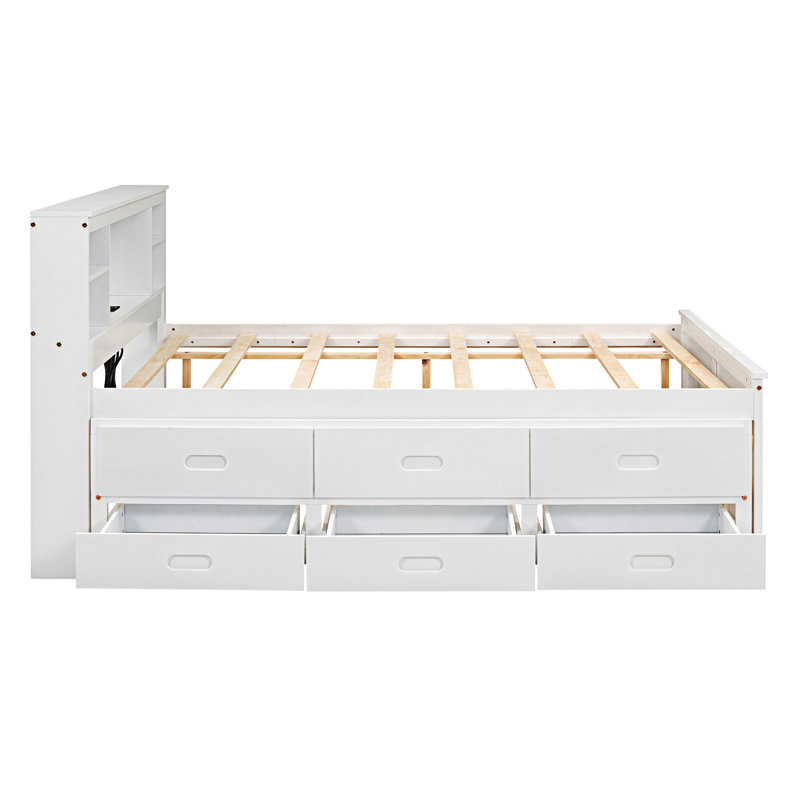 Lit plateforme double avec tête de lit à rangement, port USB, lit gigogne simple et 3 tiroirs, Blanc