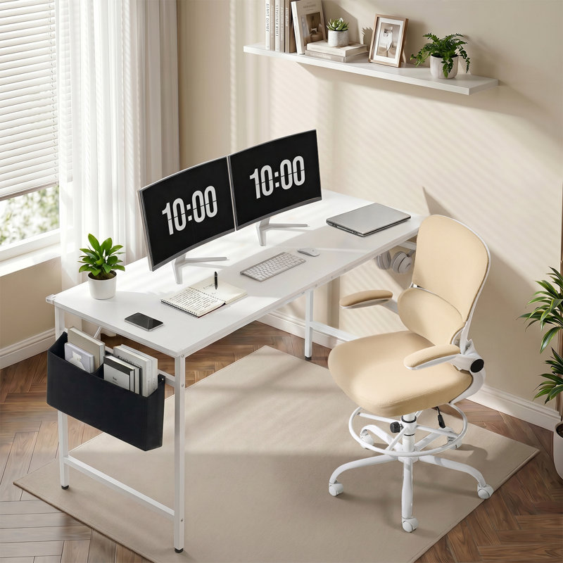 2 Piece Office Sets Computer Desk & Office Chair, White Table/Beige Chair