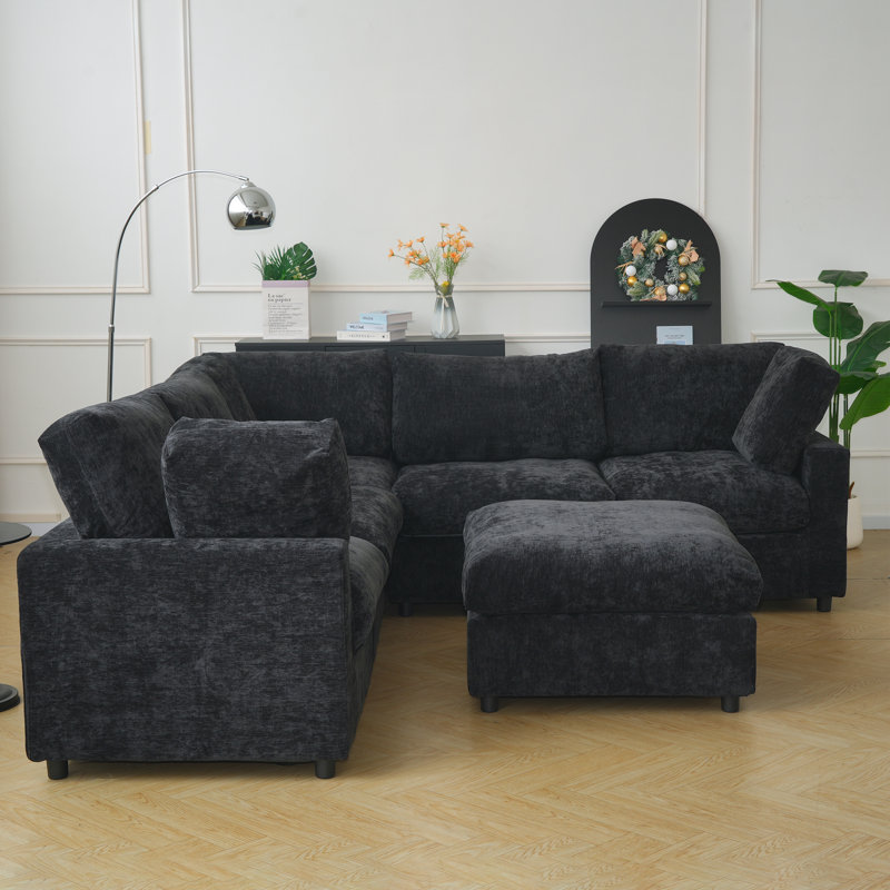 Kessi Upholstered 5-piece Slipcovered Sectional Sofa With Ottoman, Black Fabric