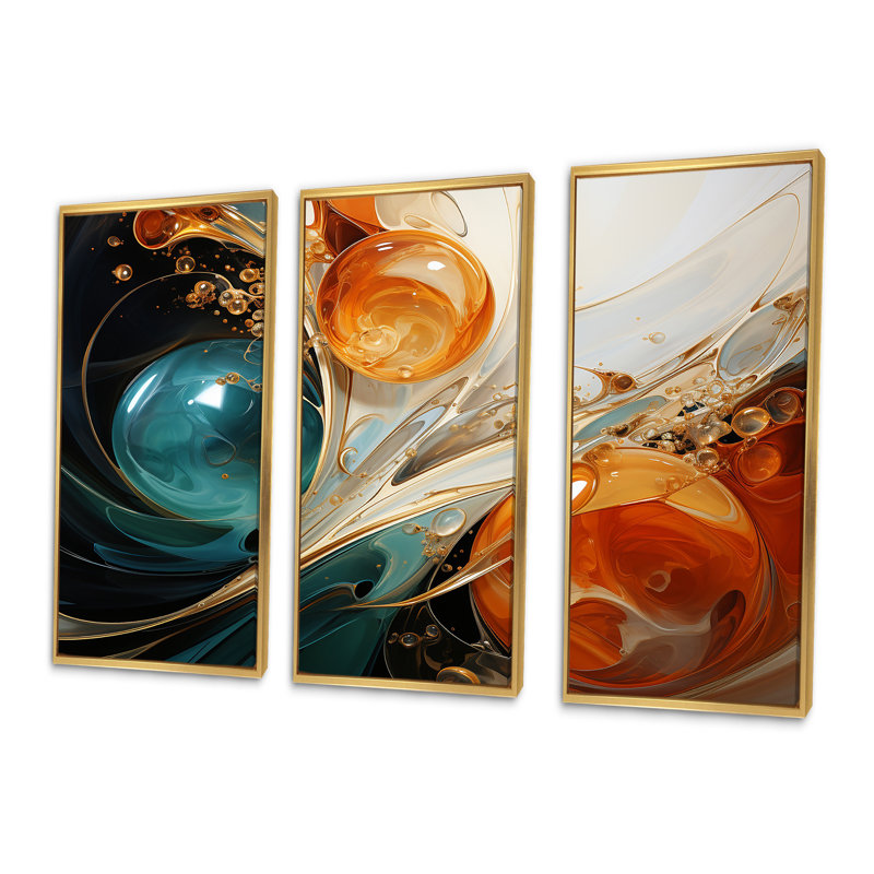 Orange et orange, planètes vagues IV - art mural abstrait, Cadre flottant doré, H 28 po x l 36 po x P 1 po