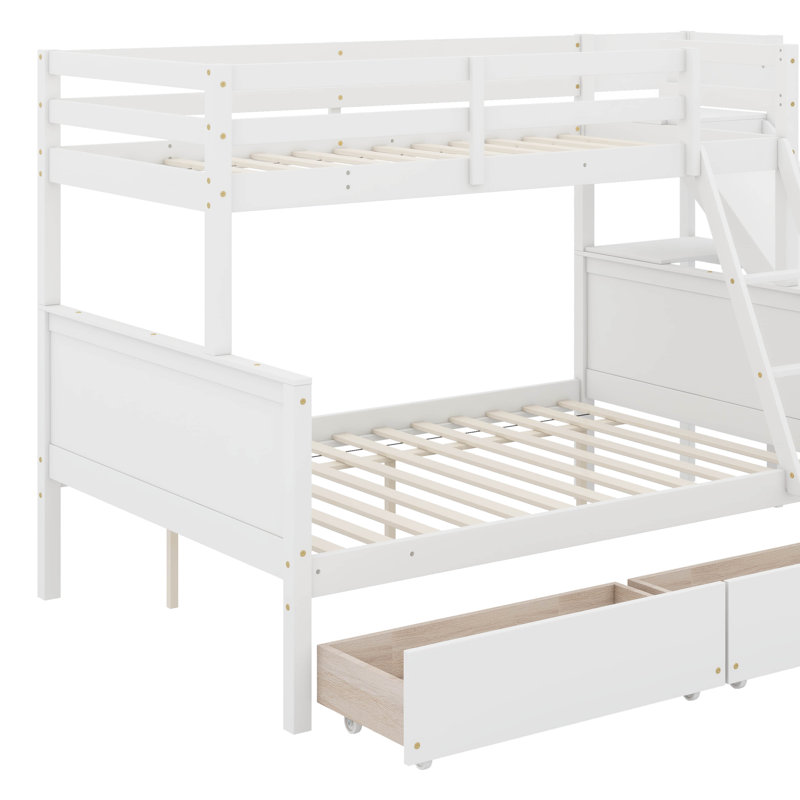 Lit simple superposé au dessus d'un lit double avec 2 tiroirs, glissière, tablettes, échelle, Blanc