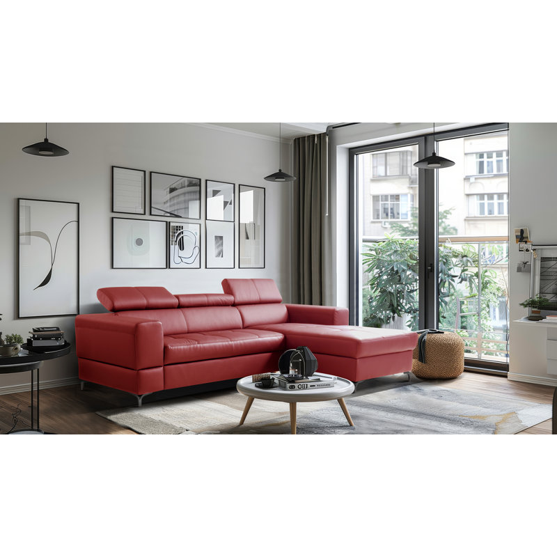 Tinos Genuine Leather Corner Sofa with Pull Out Bed with Storage and Adjustable Headrests, Red, Right Hand Facing