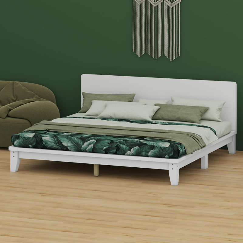 Base de lit plateforme avec tête de lit élégante et lattes de bois, Blanc