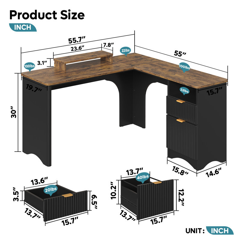 55'' L Shaped Executive Computer Desk with File&Storage Drawers,Home Office Writing Desk with Monitor Stand and Open Compartments