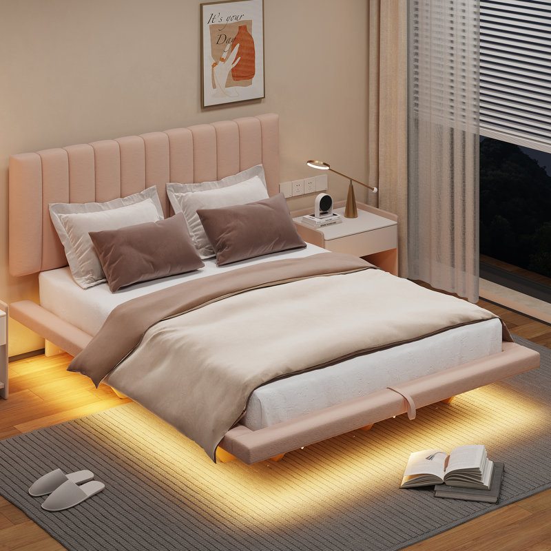 Grand lit flottant tapissier grand avec lumière DEL et port USB, velours, rose, lit plateforme Hydrualic