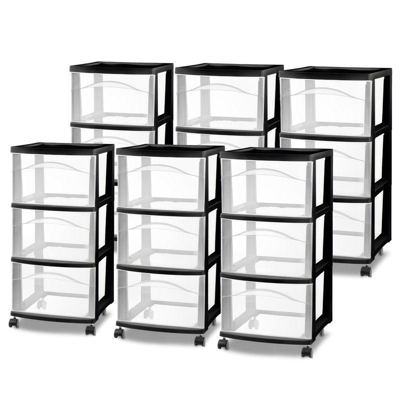 Sterilite 3 Drawer Storage Cart, Plastic Rolling Medium Organizer, Black, 6 Pack, 6 Packs