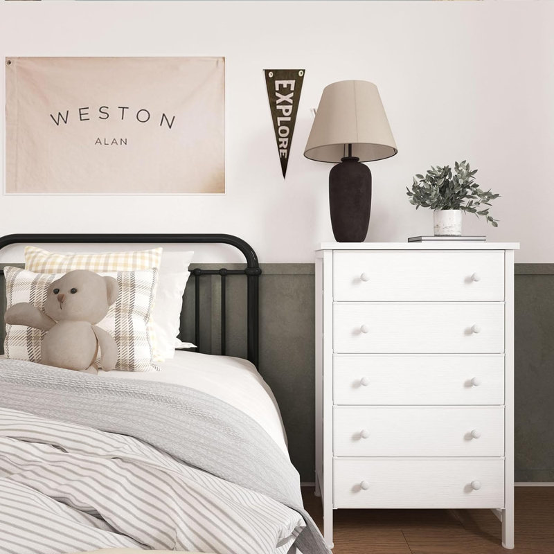 Commode blanche pour commode de chambre à coucher avec 5 tiroirs de rangement en tissu pour filles, garde-robe moderne pour enfants