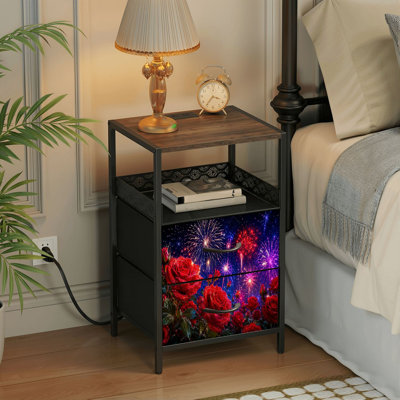 Table de chevet 2 tiroirs avec station de charge, table de chevet pour chambre avec ports USB et amp; Table de chevet noire Outlets